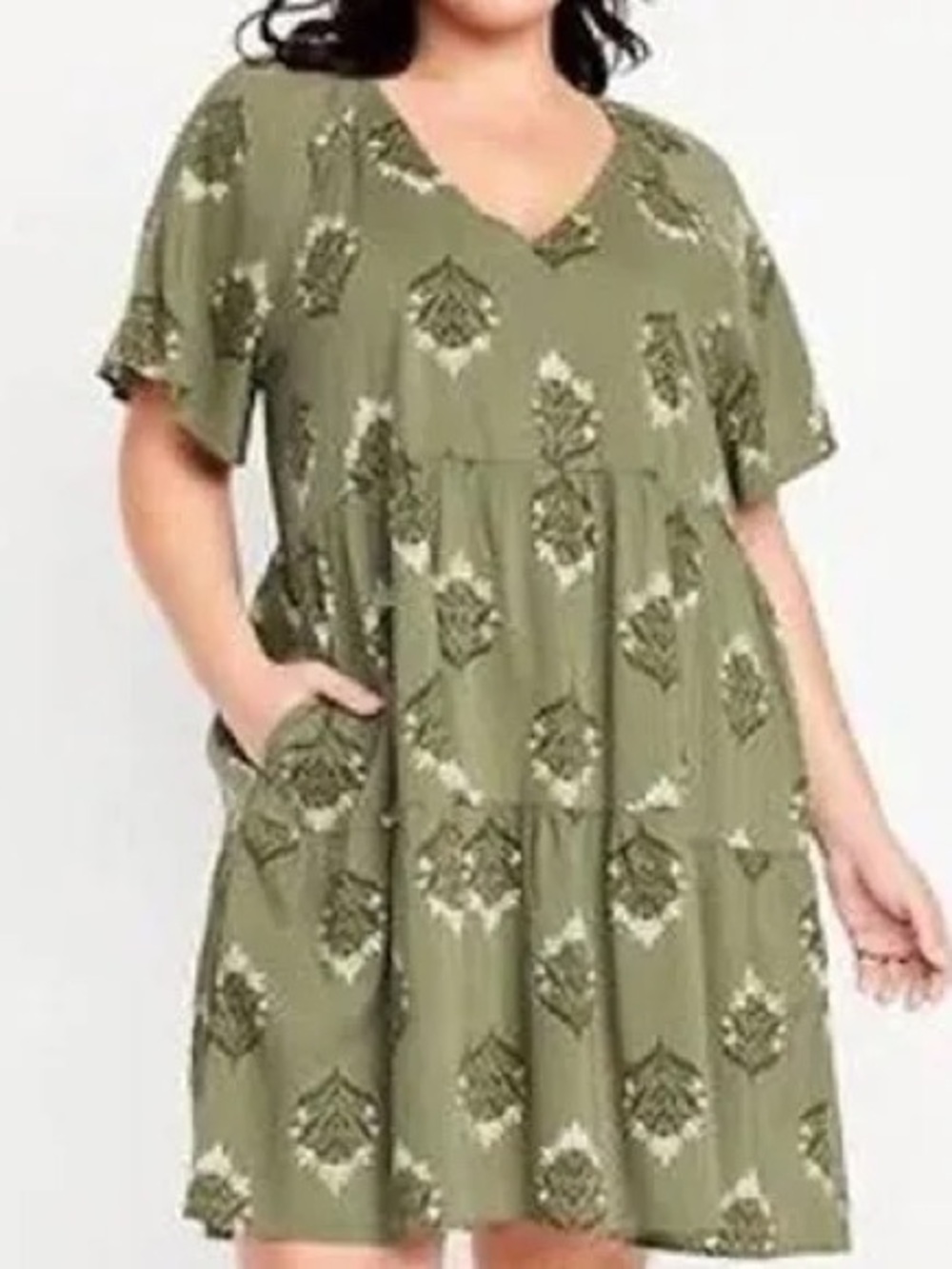 Old Navy Olive Printed V-Neck Babydoll Dress